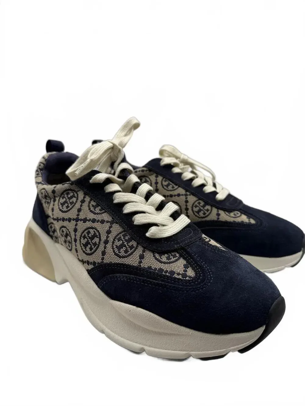 Tory Burch Navy Monogram Good Luck Trainer Jacquard and Suede Sneakers Size 10.5